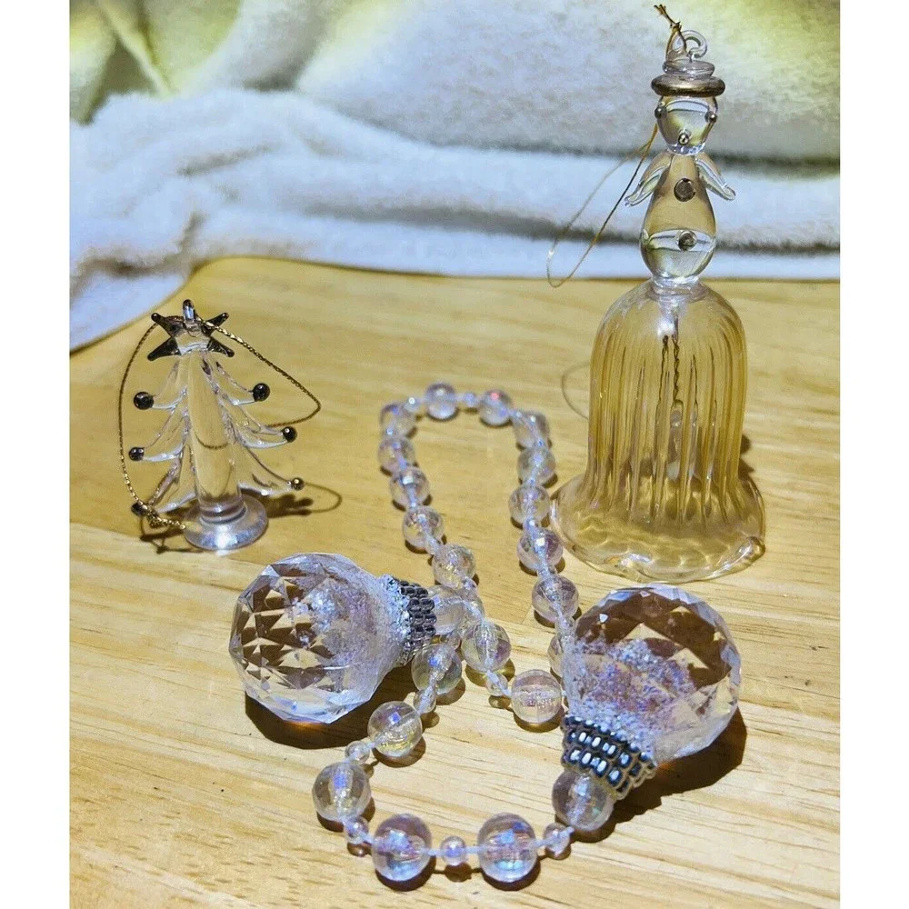 Bundle of 3 Clear Glass Ornaments Christmas Tree-VTG Snowman Bell-Beads‎ Ball